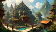 A lush mountain village featuring ancient temples with golden roofs nestled among dense greenery and steep cliffs. Clear turquoise water flows through the scene, crossed by stone bridges. Monks in saffron robes walk along paths and steps. Tall spires rise above the foliage, with misty mountain peaks framing the serene sky. Birds soar in the background, completing the tranquil ambiance. Ai generated. Digital art style.