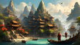 A serene, vibrant mountain village with traditional golden-roofed temples nestled against towering peaks. Lush greenery and waterfalls cascade around the structures. A turquoise river flows peacefully in the foreground with wooden boats docked along the shore. Monks and villagers move among stone steps and bridges. Birds soar in the blue sky above. Ai generated. Digital art style.