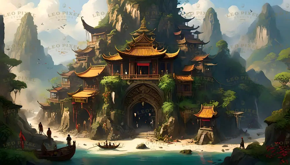 A majestic temple complex with ornate, golden rooftops is built into a towering green mountain. Surrounded by mist and lush vegetation, the structure features arched doorways, wooden balconies, and intricate carvings. Below, a clear turquoise river flows, with small boats and figures on the sandy shore. In the distance, jagged peaks rise under a serene blue sky. Ai generated. Digital art style.