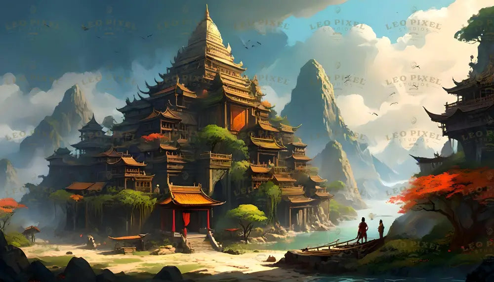 A grand multi-tiered temple rises against a backdrop of steep, green-covered mountains. The golden rooftops glisten in the sunlight, surrounded by lush vegetation. A red tree adds vibrant contrast in the foreground. A serene turquoise river flows beside the temple, reflecting its structure. Clouds and birds dot the bright blue sky, adding depth and tranquility. Ai generated. Dgital art style.