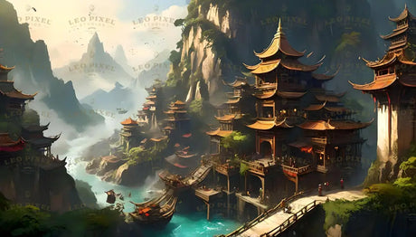 A breathtaking arrangement of tiered wooden temples with golden roofs clings to a dramatic cliffside. A turquoise river winds below, reflecting the structures. Bridges and platforms connect the buildings, with people visible along pathways. Mist rises from the river, blending into the towering, jagged mountains in the distance. Birds soar above in the glowing light. Ai generated. Digital art style.