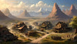 The image shows a quiet rural settlement nestled in a vast valley surrounded by towering, rugged mountains under a blue sky with soft clouds. Wooden buildings with weathered roofs are scattered along dirt paths, with wagons and a grazing cow adding a rustic charm. Warm sunlight casts soft shadows, while distant peaks capped with snow enhance the serene, majestic backdrop. Ai generated. Digital art style.