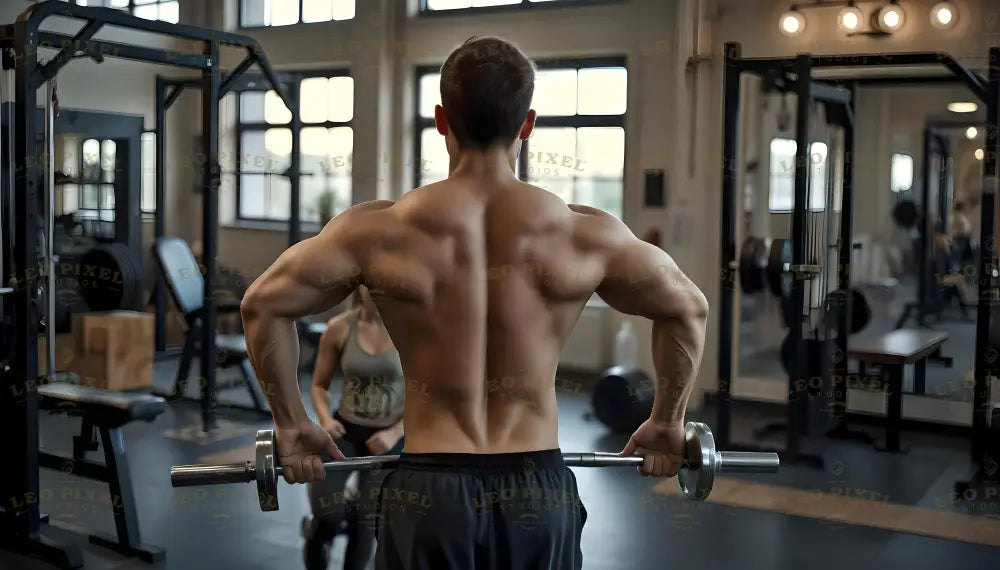 A man stands in a gym, facing away from the camera, revealing his defined back muscles. He holds a barbell at waist level, wearing dark shorts. The gym equipment, including racks and machines, surrounds him. Bright windows let natural light in, while a seated figure is visible in the background, adding depth to the scene. Ai generated. Photography style.