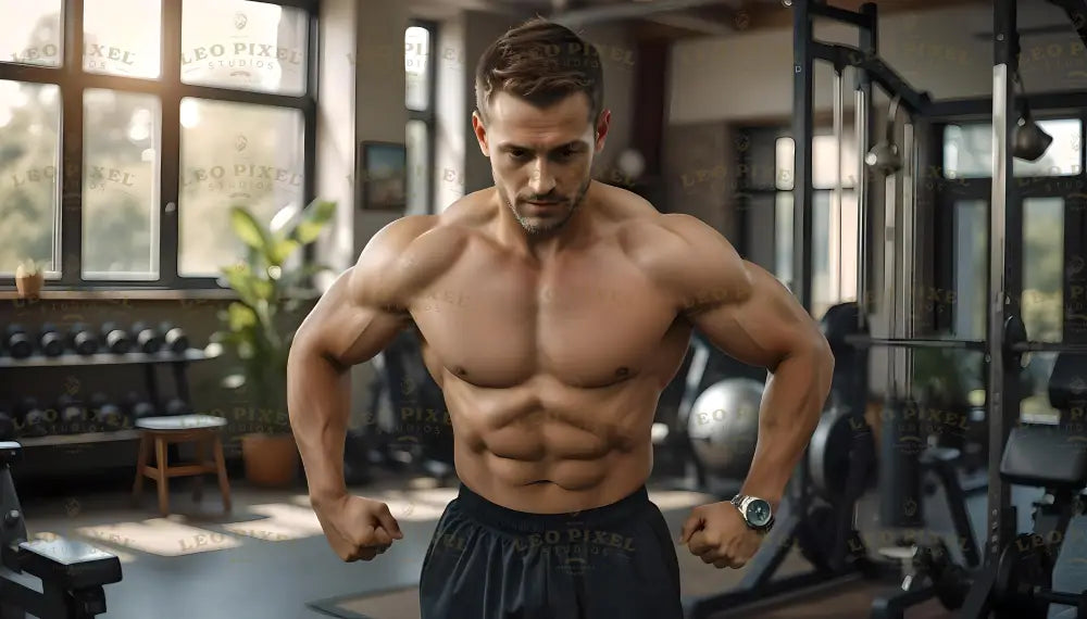 A muscular man stands in a gym, posing to showcase his well-defined chest and abdominal muscles. He wears black shorts and a watch on his left wrist. The gym setting includes natural light streaming through large windows, with visible equipment like weights, a stool, and plants in the background, creating a balanced, clean atmosphere. Ai generated. Photography style.