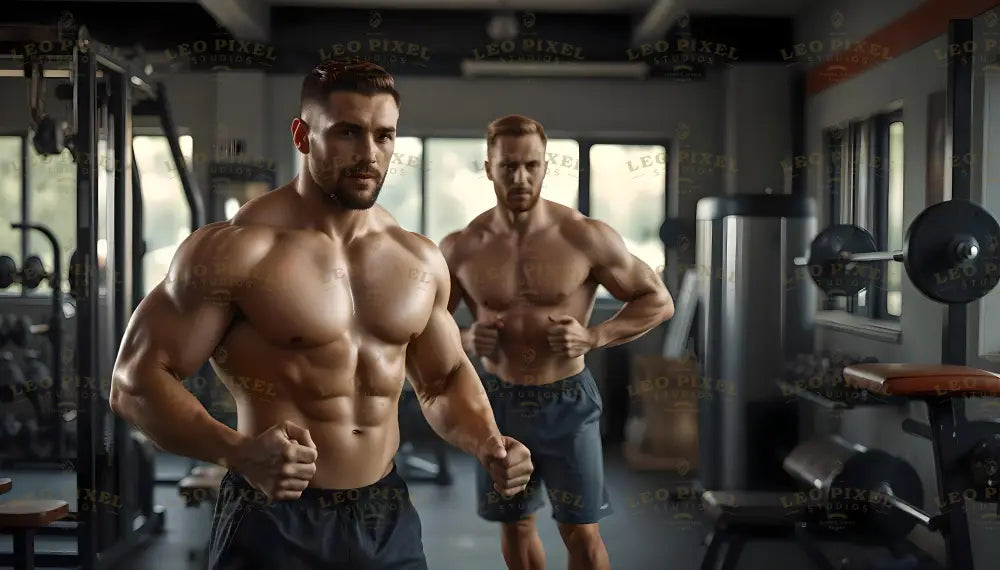 Two shirtless, muscular men are in a gym setting. The man in the foreground poses confidently, highlighting his defined physique, while the man in the background appears in a similar stance. They wear dark athletic shorts. The gym features equipment such as weights and machines, with large windows letting in natural light, creating a bright and focused atmosphere. Ai generated. Photography style.