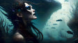 A striking underwater scene shows a woman in profile with ethereal makeup, featuring bold blue eyeshadow and shimmering lips. Her intricate headdress, adorned with spiral designs and coral-like structures, blends with the aquatic environment. Fish and silhouetted seaweed surround her in a gradient of light turquoise and deep blue, while a faintly visible large sea creature looms in the background. Ai generated. Cinematic style.