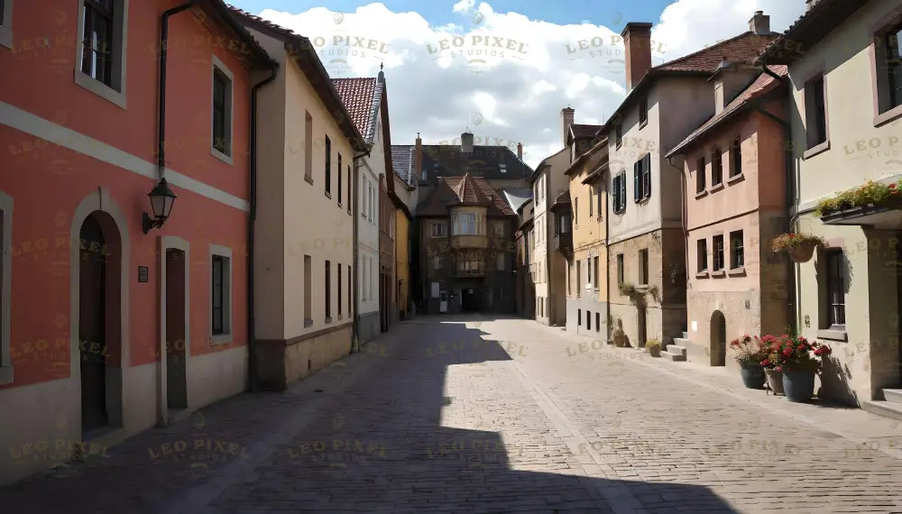 The image showcases a narrow cobblestone alley flanked by colorful buildings in shades of peach, cream, and beige. Flower pots adorn the windowsills, while small, hanging lamps dot the façades. At the far end, a charming structure with a protruding bay window stands as a focal point. Shadows from the buildings stretch across the ground, adding depth to the quiet scene. Ai generated. Photography style.