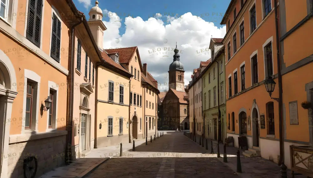 A picturesque narrow street lined with pastel-colored buildings featuring red-tiled roofs and shuttered windows. The cobblestone path leads to a tall church with a dome and a clock tower in the distance. Classic black streetlamps adorn the walls, and the sky above is bright with fluffy white clouds. The scene is serene and charming. Ai generated. Photography style.