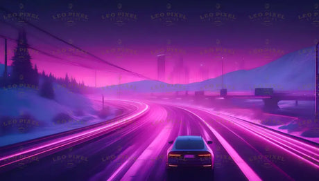 A futuristic car glides along a luminous highway bathed in radiant pink and purple neon light trails. Snowy hills and silhouetted trees frame the scene, leading toward a glowing metropolis in the distance. The vibrant hues and sleek design create a surreal, cyberpunk ambiance, blending high-tech energy with the serene beauty of a winter night. Ai generated image.