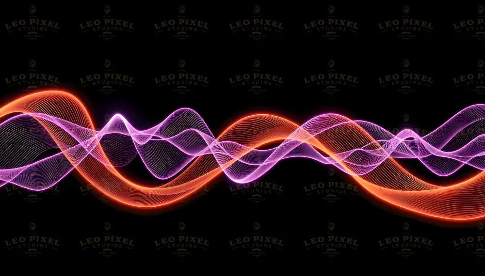 Digital image featuring smooth, flowing neon light waves in shades of pink, purple, and orange against a black background. The waves intertwine, forming a dynamic pattern with fine, curved lines adding depth and texture. The glowing edges contrast sharply with the dark background, enhancing the sense of movement. The composition is balanced, with the waves evenly distributed across the frame. Ai generated. Photography style.