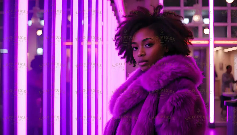 A stylish woman stands confidently in a vibrant setting illuminated by glowing vertical neon lights in shades of pink and purple. Her voluminous natural hair and elegant features are complemented by a luxurious violet fur coat. Soft lighting highlights her poised expression while blurred background elements and reflective surfaces add depth to the image's modern and chic ambiance. Ai generated. Photography style.