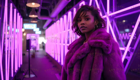 A stylish woman in a luxurious violet fur coat stands in a futuristic corridor illuminated by vibrant pink and purple neon lights. Her confident expression and soft curls frame her face, highlighted by large hoop earrings. The background features glowing geometric patterns, hanging lights, and blurred signage, creating a modern, atmospheric setting that emphasizes her presence. Ai generated. Photography style.