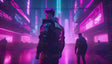 A futuristic scene featuring two figures walking through a neon-lit cyberpunk city. The towering buildings glow with vibrant pink and blue lights, reflecting off the slick, wet ground. One figure in the foreground wears a high-collared jacket with illuminated accents, while the other walks slightly ahead. The atmosphere is intense and immersive, capturing the essence of a high-tech, urban future. Ai generated. Neonstyle.