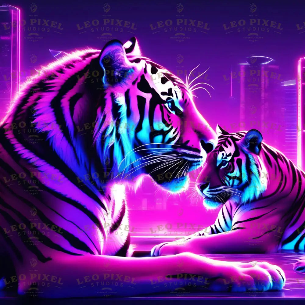 Neon Tigers Playing Ai Generated Image