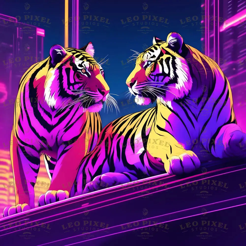 Neon Tigers Playing Ai Generated Image