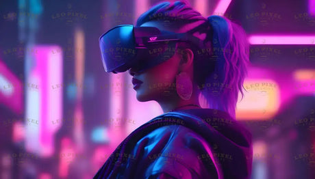 A stylish woman wearing a sleek VR headset stands illuminated by vibrant neon lights in shades of pink, purple, and blue. Her hair is tied in a high ponytail, reflecting the electric hues around her. She sports large earrings and a glossy jacket, blending futuristic tech with urban fashion. The background features blurred neon signs and lights, evoking a cyberpunk-inspired atmosphere. Ai generated. Neonstyle.