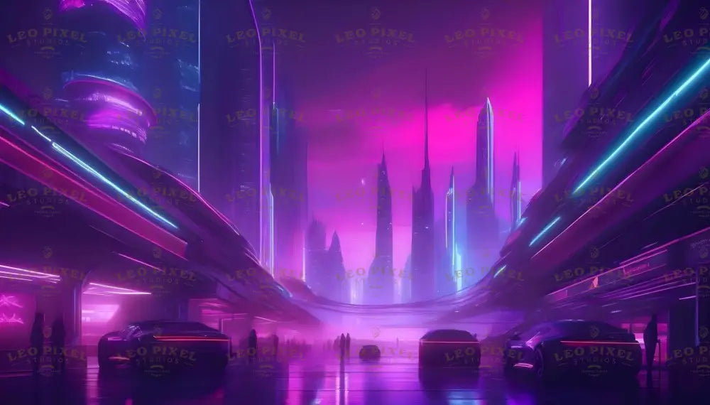 A dazzling neonpunk cityscape featuring futuristic vehicles cruising beneath glowing magenta and cyan overpasses. The towering spires in the background pierce the hazy skyline, bathed in vibrant neon hues. Shadowy silhouettes of pedestrians enhance the scene’s atmospheric depth, embodying the allure of a high-tech, cyberpunk-inspired urban environment. Ai generated image.