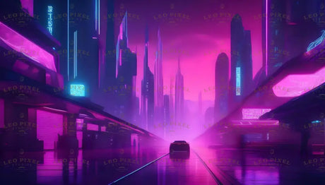 A sleek car glides along a futuristic road through a neonpunk cityscape bathed in vibrant pinks and blues. Towering skyscrapers and illuminated signs create a mesmerizing urban corridor, while the misty atmosphere softens the electric glow. The seamless blend of bold architecture and glowing hues invites exploration of this high-tech, dreamlike world. Ai generated image.