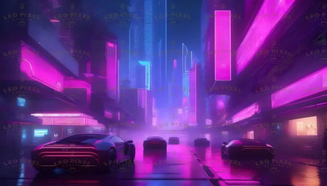 A neonpunk cityscape comes alive with glowing pink and blue hues, blending sleek futuristic cars with towering illuminated skyscrapers. The wet pavement reflects vibrant neon signs, amplifying the cyberpunk ambiance. This bustling urban scene captures a surreal vision of a tech-driven future, pulsating with energy and mystery. Ai generated image.