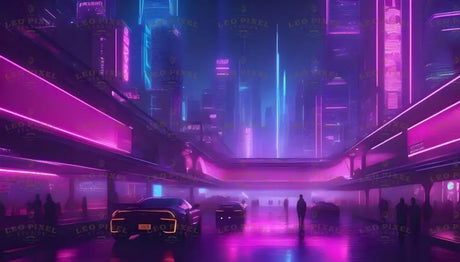 The vibrant neonpunk cityscape showcases a futuristic world bathed in magenta and cyan lights. Towering skyscrapers glow under a purple-tinted sky as sleek, futuristic cars glide along reflective roads. Elevated pathways and shadowy figures add layers of depth and intrigue, evoking the pulse of a technologically advanced metropolis. Ai generated image.