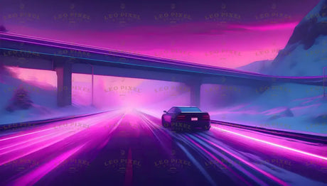 A sleek car races along a glowing neon-lit highway, surrounded by vibrant hues of pink, purple, and blue. The futuristic landscape, enhanced by illuminated overpasses and reflective snow, creates a cyberpunk aesthetic. The blurred light trails suggest speed and intensity, evoking a sense of freedom and adventure in a high-tech, dreamlike world. Ai generated image.