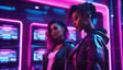 In a neonpunk world bathed in vivid purples and blues, two futuristic women stand poised in front of glowing screens. Dressed in sleek leather jackets with cyberpunk accents, their bold hairstyles and intense gazes exude confidence. The vibrant neon lights create a surreal backdrop, highlighting the dynamic interplay between individuality and unity in this electrifying scene. Ai generated image.