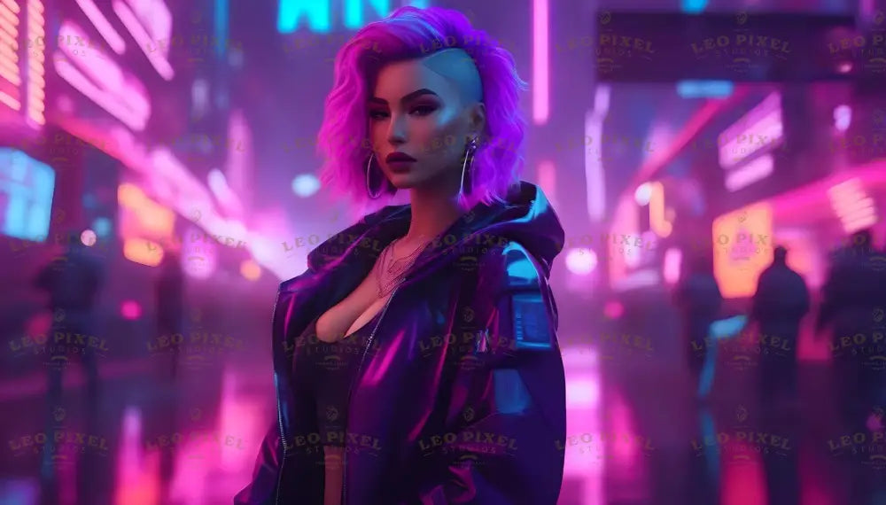 Immersed in a neon-lit cityscape, this image captures a bold, confident figure embodying the essence of neonpunk culture. With vibrant purple hair, edgy attire, and a determined gaze, she stands against the glowing, futuristic backdrop of urban chaos, radiating individuality and defiance. The vivid neon palette and cybernetic vibes bring an electrifying intensity to the scene. Ai generated image.