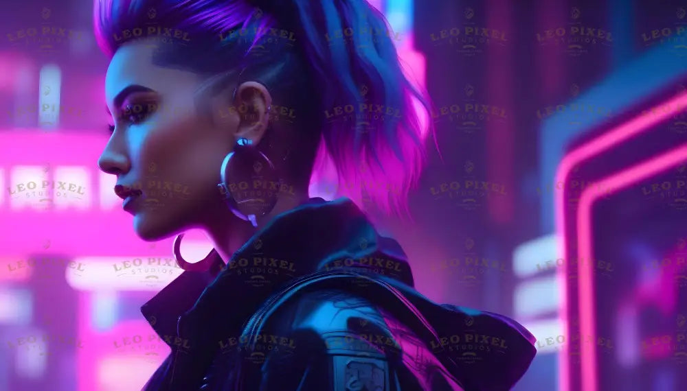 Immersed in a neon-lit cityscape, this image captures a bold, confident figure embodying the essence of neonpunk culture. With vibrant purple hair, edgy attire, and a determined gaze, she stands against the glowing, futuristic backdrop of urban chaos, radiating individuality and defiance. The vivid neon palette and cybernetic vibes bring an electrifying intensity to the scene. Ai generated image.