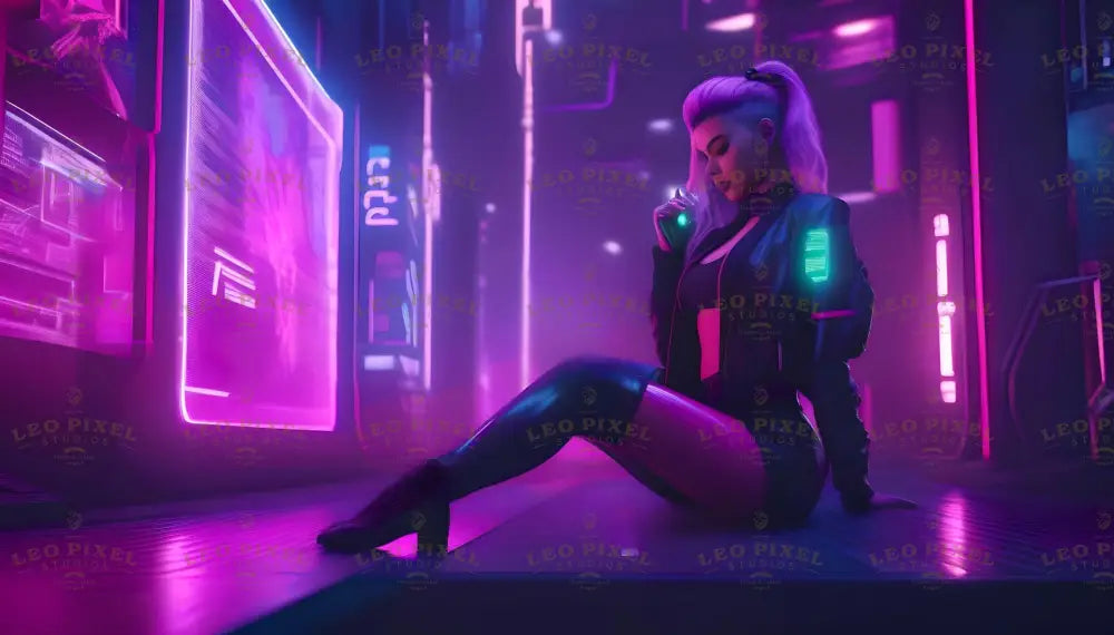 A striking neonpunk image capturing a woman with vibrant purple hair seated in a glowing cyberpunk cityscape. The luminous environment, highlighted by vivid pink and blue neon lights, creates a mesmerizing contrast. Her futuristic attire and confident pose amplify the image's captivating, edgy aesthetic, embodying the essence of a high-tech, neon-drenched future. Ai generated image.