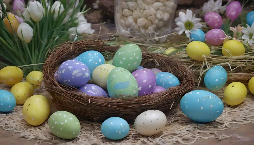 A woven nest is filled with pastel-colored eggs, decorated with small white polka dots. The eggs are shades of blue, green, purple, and yellow, with a few scattered around the nest. Fresh flowers like tulips and daisies, along with straw and greenery, surround the scene. The setup feels festive and natural, with soft colors and simple textures creating a cheerful spring vibe. Ai generated. Photography style.