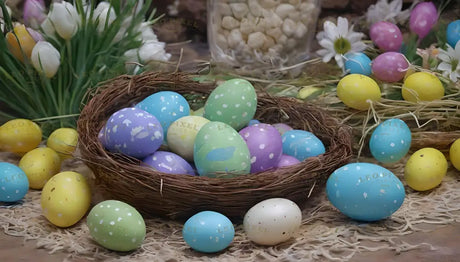 A woven nest is filled with pastel-colored eggs, decorated with small white polka dots. The eggs are shades of blue, green, purple, and yellow, with a few scattered around the nest. Fresh flowers like tulips and daisies, along with straw and greenery, surround the scene. The setup feels festive and natural, with soft colors and simple textures creating a cheerful spring vibe. Ai generated. Photography style.