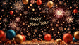 A festive display of vibrant fireworks and sparkling bokeh lights fills the night sky, accompanied by golden, red, and blue balloons. The "Happy New Year" message takes center stage, surrounded by glittering confetti and ribbons on a glowing ground. This lively scene perfectly captures the joy and celebration of ringing in the New Year. Ai generated image. Photography style.