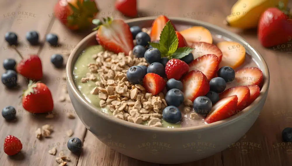 A wholesome smoothie bowl featuring a green base topped with granola, sliced strawberries, blueberries, raspberries, and a garnish of fresh mint leaves. Surrounding the bowl are scattered fresh blueberries, strawberries, and a banana, all arranged on a wooden surface. The vibrant colors and textures highlight the freshness and balance of the ingredients. Ai generated. Photography style.