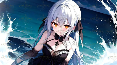 A young character with long, flowing silver hair and bright golden eyes gazes softly, wearing a detailed black dress adorned with lace and ribbons. The background features dynamic ocean waves with splashes of white foam against deep blue water, creating a vivid contrast. Black hair ribbons and delicate features add elegance, while the vibrant ocean setting highlights the serene beauty of the image. Ai generated. Anime style.