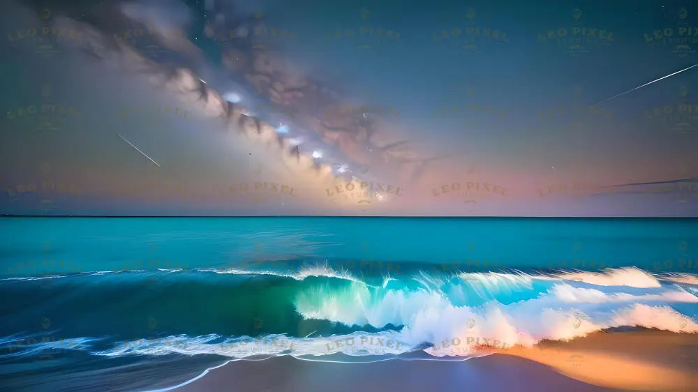 The image captures a seascape with waves crashing onto a smooth sandy shore. The water is a rich turquoise, glowing with reflections of light. The sky blends soft hues of pink, blue, and purple, with wispy clouds stretching across. Streaks of light, possibly meteors, cut through the sky, adding depth. The scene is illuminated with a soft glow, enhancing the peaceful and dreamlike feel. Ai generated. Photography style.