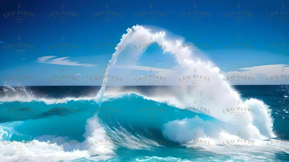 A powerful ocean wave crashes, forming a perfect arc of white foam against a deep blue sky. The vibrant turquoise water contrasts with the soft, misty spray rising into the air. Wisps of clouds stretch across the horizon, blending seamlessly with the endless sea. Sunlight reflects off the surface, highlighting the details of the swirling water. The scene captures the raw beauty of nature’s motion. Ai generated. Photography style.