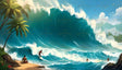 A massive turquoise wave dominates the scene, curling with white foam under a clear blue sky. Palm trees line the sandy shore, their lush green fronds swaying gently. Three surfers interact with the water: one riding the wave, while two others swim. Distant mountains and soft clouds frame the horizon, completing this vibrant tropical seascape. Ai generated. Digital art style.