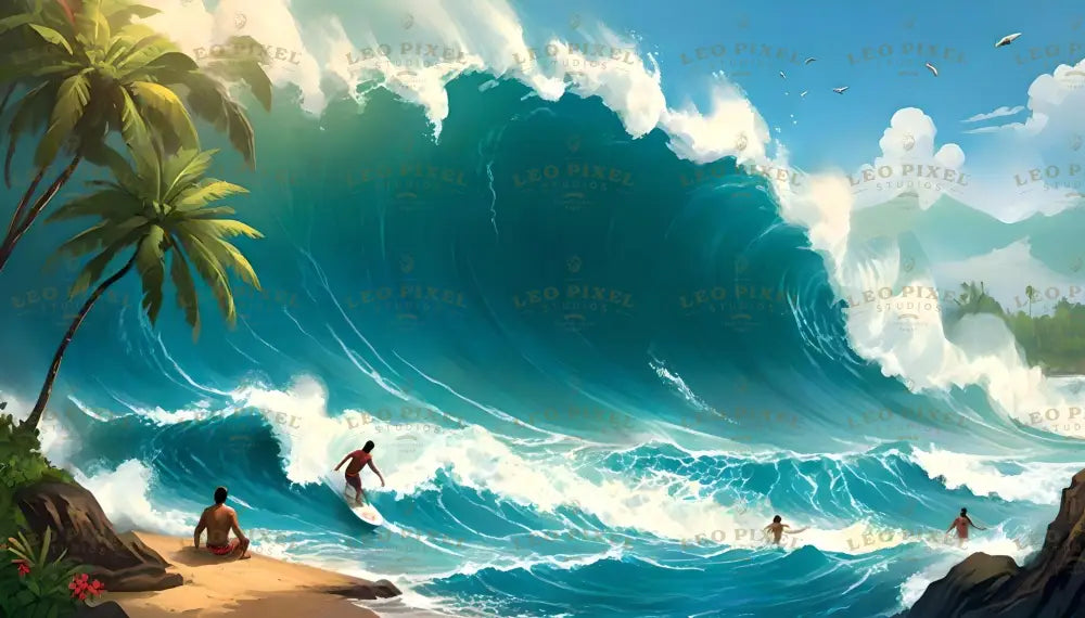 A massive turquoise wave dominates the scene, curling with white foam under a clear blue sky. Palm trees line the sandy shore, their lush green fronds swaying gently. Three surfers interact with the water: one riding the wave, while two others swim. Distant mountains and soft clouds frame the horizon, completing this vibrant tropical seascape. Ai generated. Digital art style.