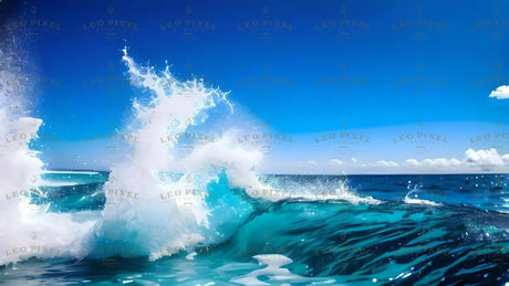 A turquoise wave crashes, sending white foam and droplets into the air. The deep blue sea extends to the horizon, where it meets a bright sky with soft, scattered clouds. Sunlight reflects on the water, enhancing the contrast between the deep and light blues. The details of the moving water, foam, and spray create a sharp and vivid composition, capturing the raw energy of the ocean. Ai generated. Photography style.