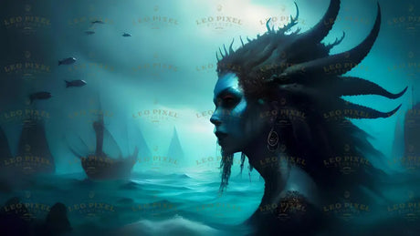 A mysterious blue figure with aquatic features emerges in a misty, teal ocean. Her glowing red eyes, adorned with tentacle-like hair, contrast against shadowed ships in the distance. Fish swim nearby in the hazy water, while her elegant earrings reflect the oceanic tones. The atmosphere blends foggy light and underwater shadows, creating an otherworldly scene. Ai generated. Cinematic style.