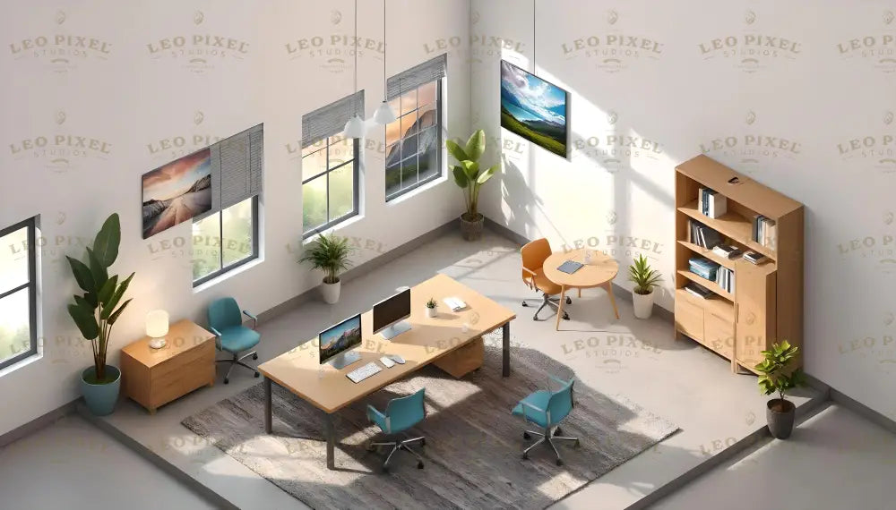 A well-lit isometric office featuring sleek desks, modern chairs, and vibrant green plants. Sunlight streams through tall windows, highlighting the minimalistic decor and wall-mounted landscape artwork. The cozy layout includes dual monitors, a small round table, and organized storage, fostering productivity and creativity in a refreshing environment. Ai generated image.