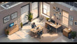 A beautifully lit isometric office scene featuring a sleek and organized workspace. The room includes wooden desks with computers, ergonomic chairs, and decorative plants adding a fresh touch. Framed artwork and a curated gallery wall enhance creativity, while large windows allow natural sunlight to illuminate the space, creating a productive and inspiring atmosphere. Ai generated image.