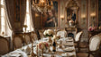 This ornate Rococo dining room features a lavishly set table with white linens, gold-accented porcelain, and floral arrangements. An intricate chandelier illuminates the space, complementing gilded mirrors, wall moldings, and large portraits. Plush cream chairs with golden detailing frame the table. Tall windows with draped curtains and a decorative fireplace complete the grandeur. Ai generated. Photography style.