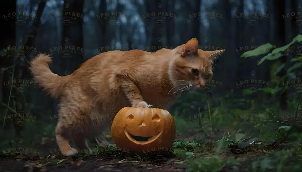 Orange Cat Playing With A Pumpkin Bundle Ai Generated Image