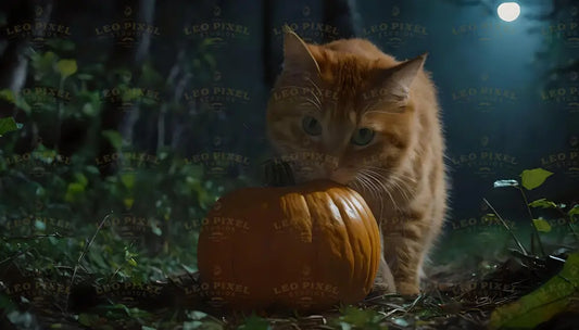 Orange Cat Playing With A Pumpkin Bundle Ai Generated Image