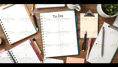 A neatly arranged flat lay on a wooden desk features multiple spiral notebooks, a to-do list planner, and writing tools. The central white planner has a bold "To Do" title and a quadrant layout. Around it, pens, pencils, and a clipboard complement the workspace. A cup of coffee and small potted plants add warmth. The clean design and earthy tones create a calm, productive aesthetic. Ai generated. Photography style.