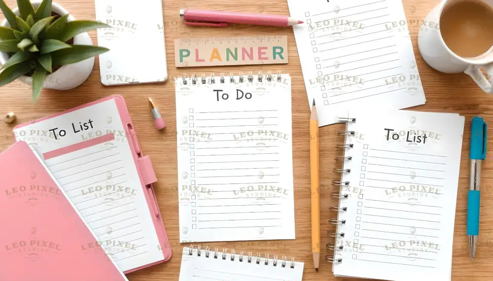 A neat flat lay on a wooden surface features multiple to-do lists and planners in various sizes. A pink binder with a matching pen rests on the left. A spiral notebook with a checklist is centered, surrounded by a wooden ruler labeled "PLANNER," a cup of coffee, a tablet, and assorted pencils. A small potted plant adds a natural touch, while a blue pen and eraser provide contrast. Ai generated. Photography style.