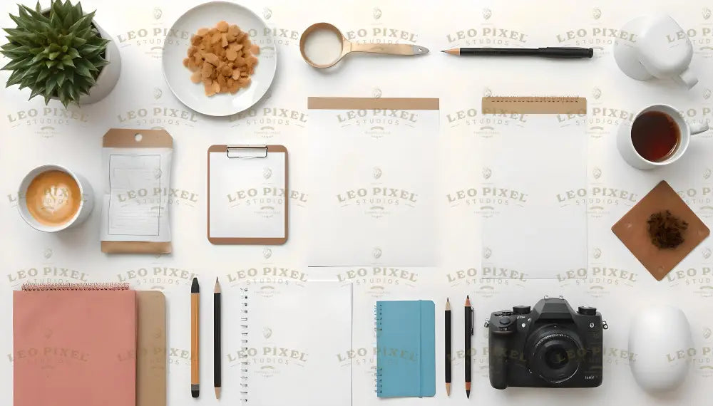 A neatly arranged flat lay of office and creative supplies on a white surface. A black camera sits in the lower right corner, next to a blue notebook and black pencils. In the upper left, a cup of cappuccino with latte art rests beside a green potted plant. A white clipboard, blank papers, and a black pen are centered. To the right, a white teacup, saucer, and loose tea leaves complete the scene. Ai generated. Photography style.