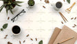 A flat lay composition on a white surface features two cups of black coffee, a pair of black glasses, and two potted succulents. Brown notebooks and pens complement the setup, along with gold scissors. Small wooden chips and green leaves are scattered throughout. The soft lighting highlights the neutral tones, creating a clean and balanced arrangement with natural elements. Ai generated. Photography style.