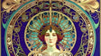 This image features a classic art nouveau portrait of a woman framed by intricate gold and teal designs. Her serene face is crowned with an elaborate headpiece resembling stained glass patterns. The deep purple background enhances the delicate gold filigree, floral motifs, and symmetrical arcs, creating a timeless and elegant visual harmony. Ai generated. Art nouveau style.